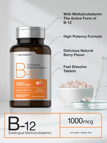 B-12 supplement bottle with text highlighting features on a light gray background