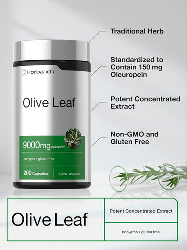 View 4 Product highlights graphic stating Traditional Herb, Standardized 150 mg Oleuropein, Potent Extract, Non-GMO, Gluten Free.