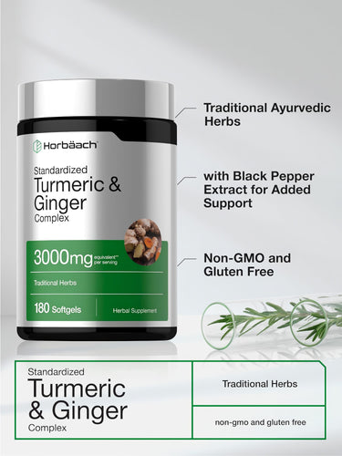 View 4 Turmeric & Ginger Complex 3000mg, 180 Softgels. Traditional herbs with black pepper extract, non-GMO, gluten-free.