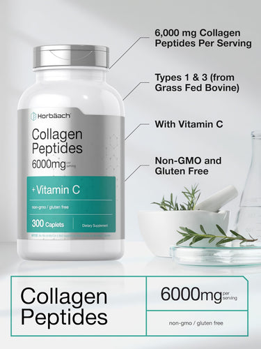 View 4 Horbäach Collagen Peptides 6000mg with Vitamin C, 300 caplets. Types 1 & 3 from grass-fed bovine, non-GMO, gluten-free.