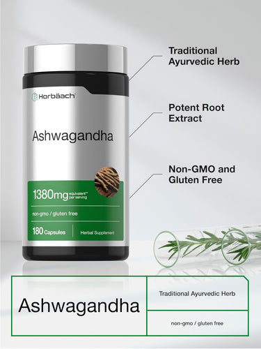 View 4 Horbäach Ashwagandha 1380mg, 180 capsules. Ayurvedic herb, potent root extract, non-GMO and gluten-free.