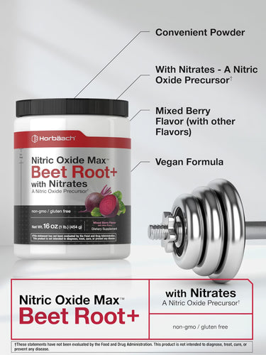 View 4 Horbäach Nitric Oxide Max Beet Root+ powder, 16 oz, Mixed Berry Flavor. Contains nitrates, non-GMO, gluten-free, vegan formula.