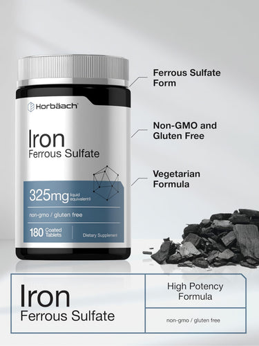 View 4 Horbäach Iron Ferrous Sulfate 325mg 180 Coated Tablets. Non-GMO, Gluten Free, Vegetarian, High Potency Formula.