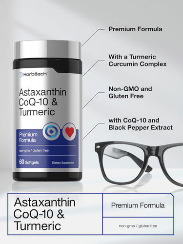 View 4 Product highlights graphic stating Premium Formula with Turmeric Curcumin Complex, Non-GMO, Gluten Free, CoQ-10, Black Pepper Extract.