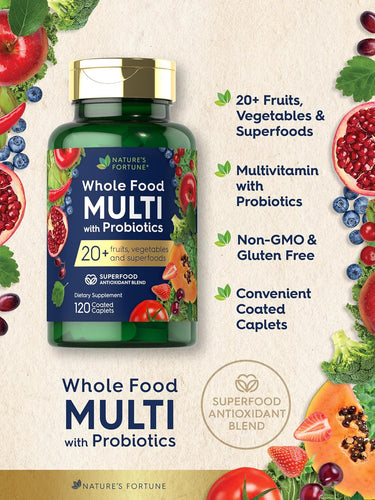 Nature's Fortune Whole Food Multi with Probiotics supplement bottle surrounded by fruits and vegetables on a beige background.