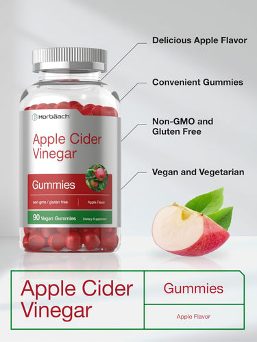 View 4 Product highlights graphic stating Delicious Apple Flavor, Convenient Gummies, Non-GMO, Gluten Free, Vegan, and Vegetarian friendly.