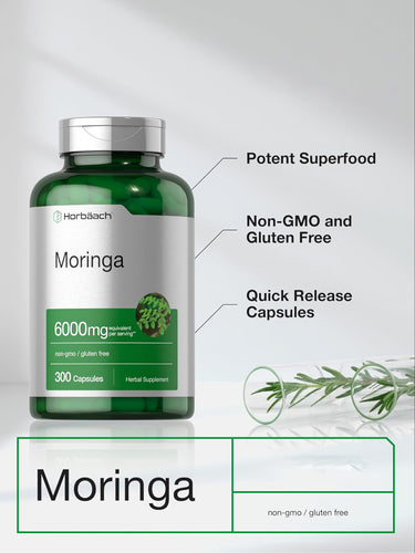 View 4 Horbäach Moringa supplement, 6000mg per serving with 300 capsules, non-GMO and gluten-free.