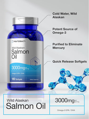Wild Alaskan Salmon Oil supplement bottle with product details on a gray background