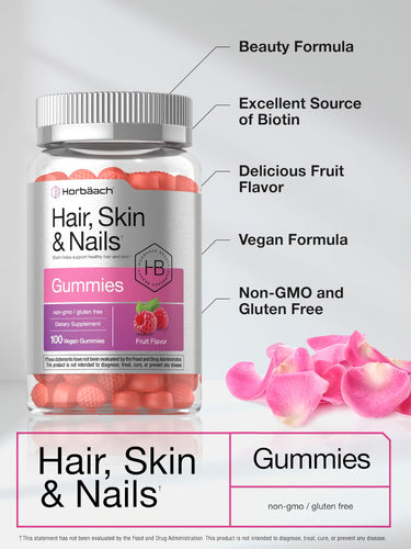 View 4 Product highlights graphic stating Beauty Formula, Excellent Source of Biotin, Delicious Fruit Flavor, Vegan, Non-GMO, Gluten Free.