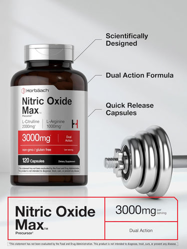 View 4 Nitric Oxide Max 3000mg contains L-Citrulline and L-Arginine in 120 quick-release capsules. Dual action, non-GMO, gluten-free.