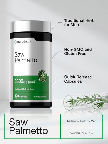 View 4 Product highlights graphic stating Saw Palmetto is a Traditional Herb for Men, Non-GMO, Gluten Free, Quick Release Capsules.