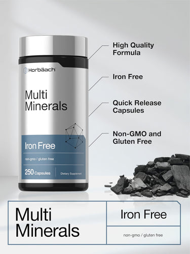 View 4 Product highlights graphic stating High Quality Formula, Iron Free, Quick Release Capsules, Non-GMO and Gluten Free.