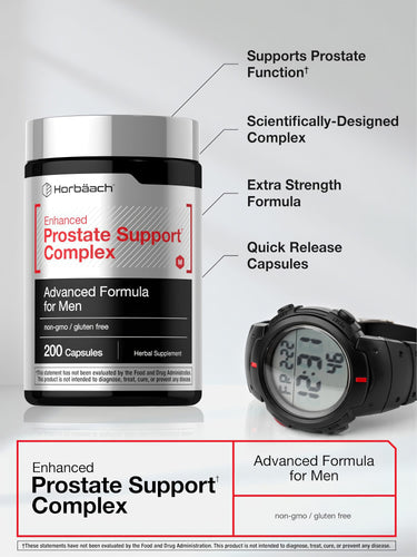 View 4 Horbäach Enhanced Prostate Support Complex, advanced men's formula, 200 capsules, non-GMO and gluten-free herbal supplement.