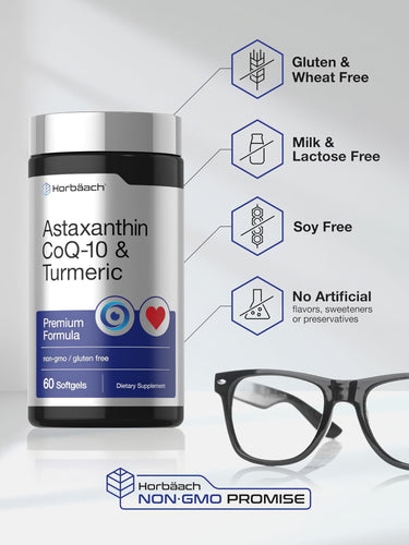 View 5 Astaxanthin bottle with icons indicating Gluten & Wheat Free, Milk & Lactose Free, Soy Free, No Artificial Flavors, Non-GMO.
