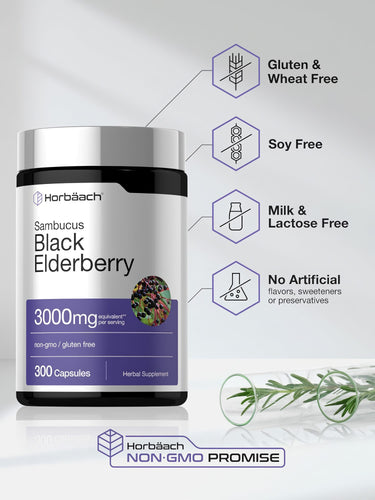 View 5 Elderberry bottle with icons indicating Gluten & Wheat Free, Soy Free, Milk & Lactose Free, No Artificial Flavors, Non-GMO.