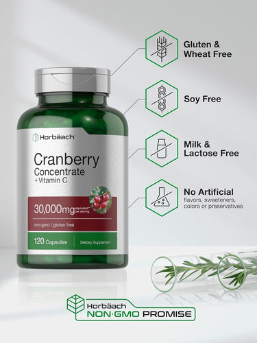 Horbaach Cranberry Concentrate + Vitamin C supplement bottle with certification icons on a light gray background
