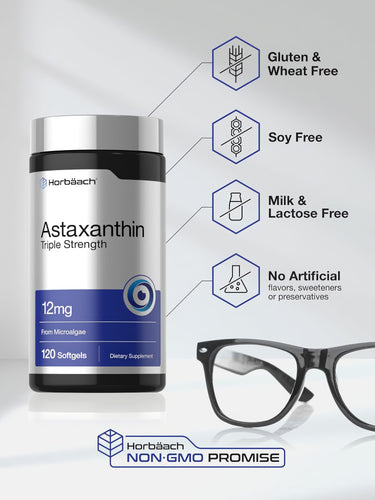 View 5 Astaxanthin bottle with icons indicating gluten, wheat, soy, milk, lactose free, no artificial flavors, non-GMO.