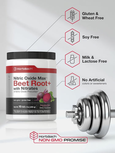 View 5 Nitric Oxide Boost bottle with icons indicating Gluten & Wheat Free, Soy Free, Milk & Lactose Free, No Artificial colors/sweeteners, Non-GMO.