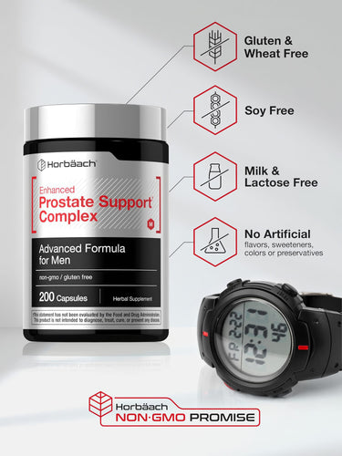 View 5 Prostate Support Complex bottle: Gluten & Wheat Free, Soy Free, Milk & Lactose Free, Non-GMO, No Artificial Flavors/Sweeteners/Colors/Preservatives
