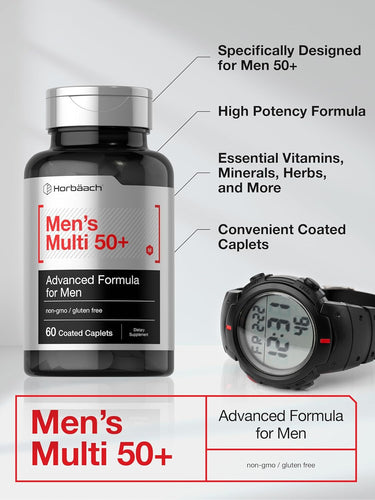 Horbaach Men's Multi 50+ supplement bottle with a watch on a light gray background