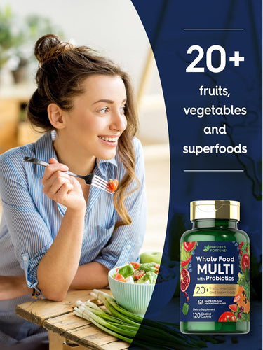 Woman eating a salad with a supplement bottle labeled 'Whole Food Multi' on a blue background