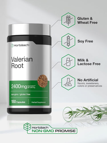 View 5 Valerian bottle with icons indicating gluten & wheat free, soy free, milk & lactose free, no artificial additives, non-GMO.