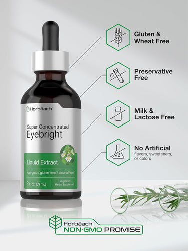 Bottle of Horbach Super Concentrated Eyebright Liquid Extract with product features listed on a gray background.