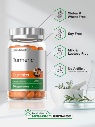 View 5 Turmeric Gummies bottle with icons indicating gluten-free, soy-free, dairy-free, no artificial colors, and non-GMO promise.