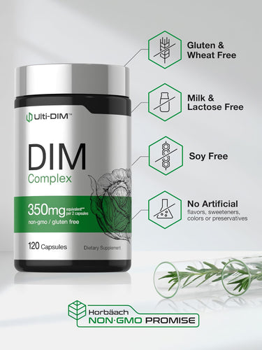 View 5 DIM Complex bottle: Gluten & Wheat Free, Milk & Lactose Free, Soy Free, No Artificial Flavors/Sweeteners/Colors/Preservatives, Non-GMO Promise