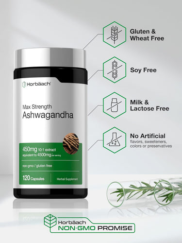 View 5 Ashwagandha bottle with icons indicating gluten & wheat free, soy free, lactose free, no artificial additives, and non-GMO.
