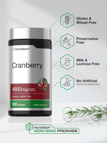 View 5 Horbäach Cranberry dietary supplement with 4800mg equivalent per serving, 300 softgels, non-GMO, gluten-free.
