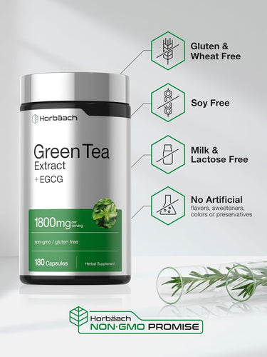 View 5 Green Tea bottle with icons indicating Gluten & Wheat Free, Soy Free, Milk & Lactose Free, no artificial additives, Non-GMO.