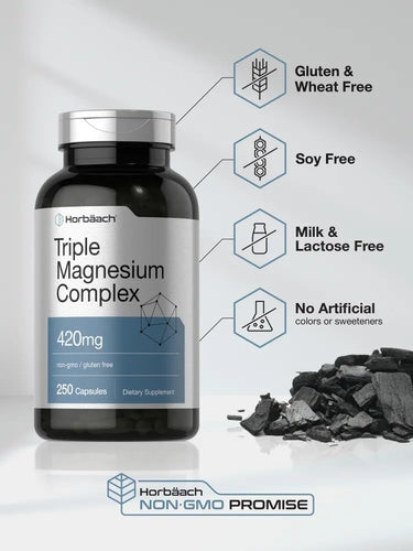 Bottle of Triple Magnesium Complex supplement with product features on a gray background