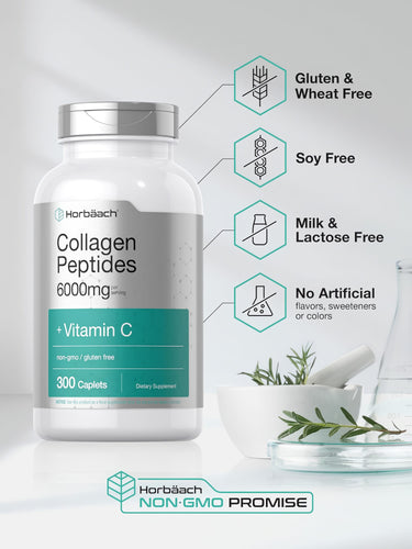 View 5 Collagen Peptides bottle with icons indicating Gluten, Wheat, Soy, Milk, Lactose Free; No Artificial flavors, Non-GMO.