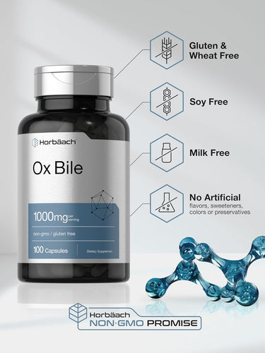 Supplement bottle labeled 'Ox Bile' with certification icons on a light gray background