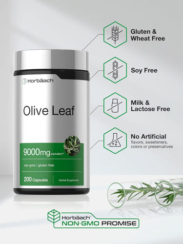View 5 Olive Leaf bottle with icons indicating Gluten & Wheat Free, Soy Free, Milk & Lactose Free, No Artificial Flavors, Non-GMO.
