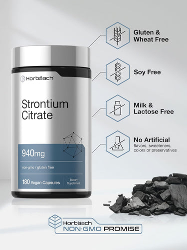 View 5 Strontium Citrate bottle with icons indicating Gluten & Wheat Free, Soy Free, Milk & Lactose Free, No Artificial add-ins, Non-GMO.