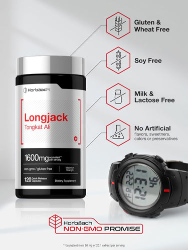 View 5 Longjack Tongkat Ali bottle with icons indicating Gluten & Wheat Free, Soy Free, Milk & Lactose Free, No Artificial Additives, Non-GMO.