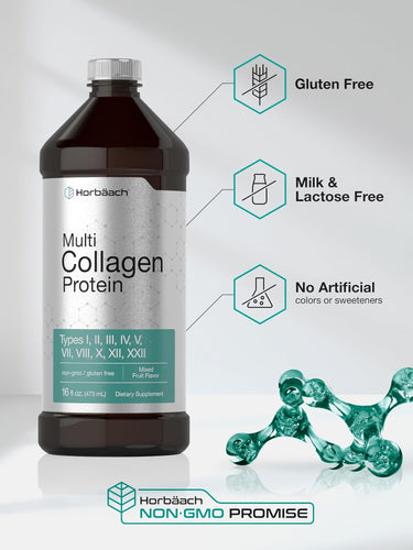 View 5 Multi Collagen bottle with icons indicating Gluten Free, Milk & Lactose Free, No Artificial colors, sweeteners, NON-GMO.
