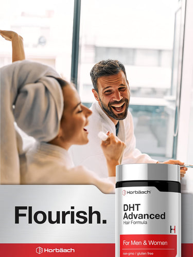 View 6 Man and woman in bathrobes smiling, woman with towel on head, holding Horbaach DHT Advanced Hair Formula.