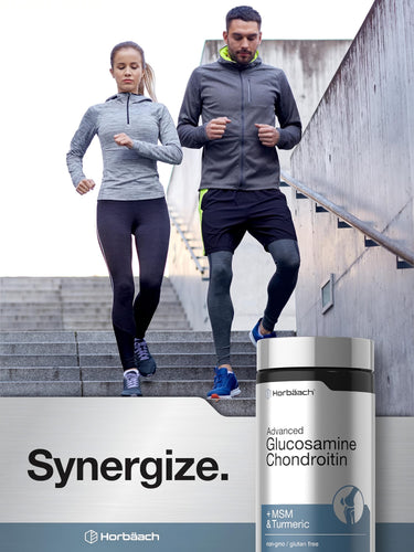 View 6 A young man and woman run up stairs next to a Glucosamine Chondroitin bottle.