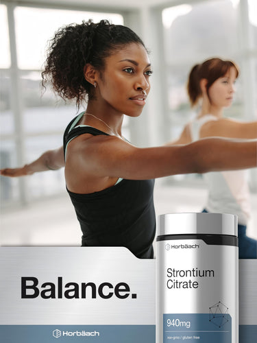 View 6 A young Black woman exercises with a Horbäach Strontium Citrate bottle and 'Balance.' text, highlighting wellness.