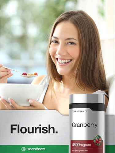 View 6 Horbäach Cranberry 4800 mg equivalent per serving, 300 softgels bottle with non-GMO and gluten-free claims.