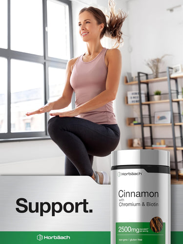 View 6 Young woman exercises indoors with a Horbäach Cinnamon with Chromium and Biotin supplement nearby.