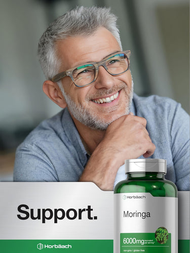 View 6 Horbäach Moringa 6000mg per serving, non-GMO and gluten-free supplement.