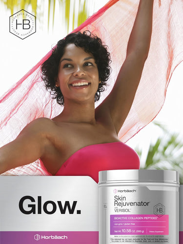 View 6 Radiant young woman smiling with a sheer pink fabric, next to a Skin Rejuvenator with Verisol powder.