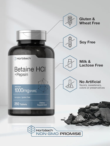 Betaine HCl With Pepsin 1000mg per serving | 250 Tablets