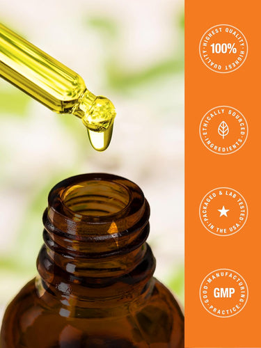 Brown glass dropper bottle with a drop of liquid on an orange background with certification logos.