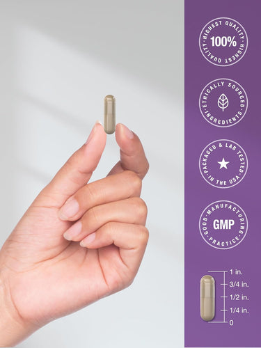 Hand holding a capsule with certification logos on a purple background