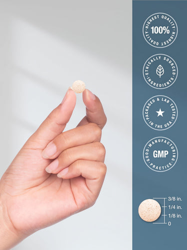 View 7 A hand holds a round, light brown Horbaach Water Pill tablet, measuring 3/8 inch diameter and 1/8 inch thick.